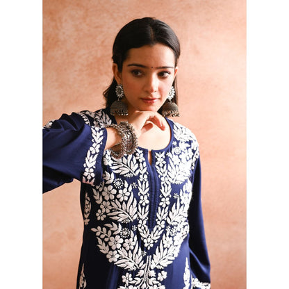 House of Chikankari Sabiya Chikankari Rayon Straight Kurta with Palazzo (Set of 2)