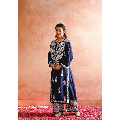 House of Chikankari Sabiya Chikankari Rayon Straight Kurta with Palazzo (Set of 2)