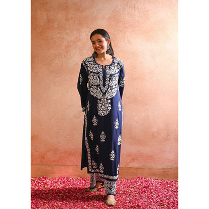 House of Chikankari Sabiya Chikankari Rayon Straight Kurta with Palazzo (Set of 2)