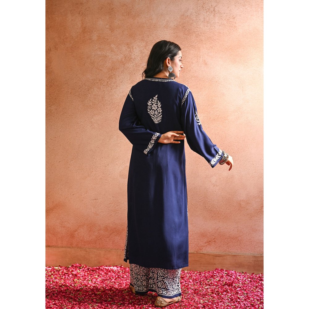House of Chikankari Sabiya Chikankari Rayon Straight Kurta with Palazzo (Set of 2)
