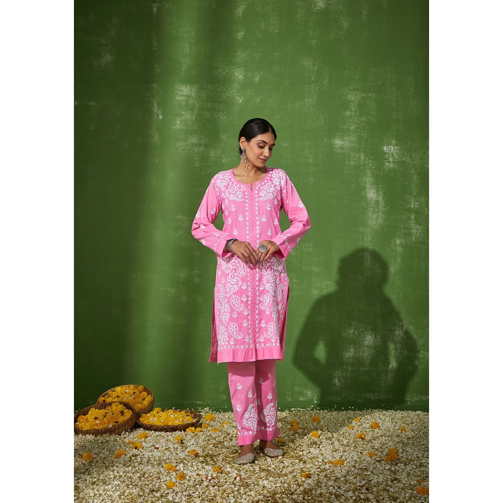 House of Chikankari Samreen Chikankari Cotton Straight Kurta Pink (Set of 2)