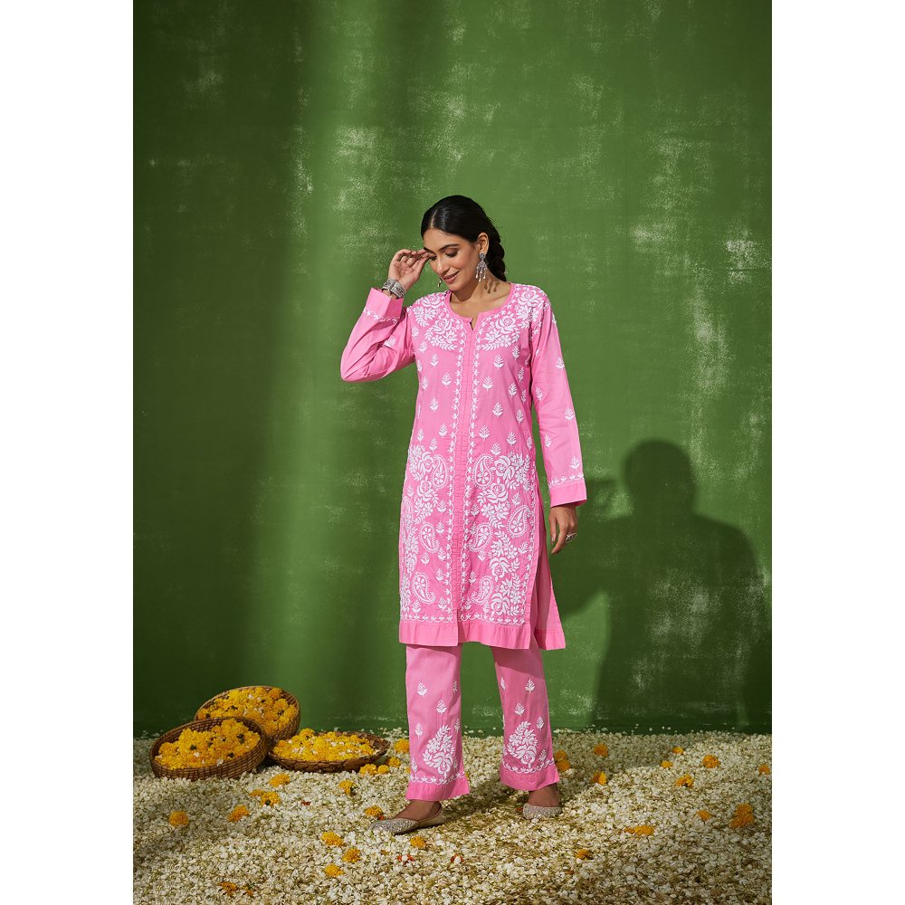 House of Chikankari Samreen Chikankari Cotton Straight Kurta Pink (Set of 2)