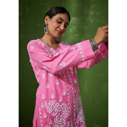 House of Chikankari Samreen Chikankari Cotton Straight Kurta Pink (Set of 2)