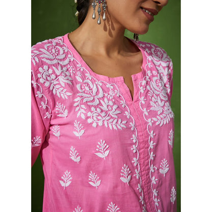 House of Chikankari Samreen Chikankari Cotton Straight Kurta Pink (Set of 2)