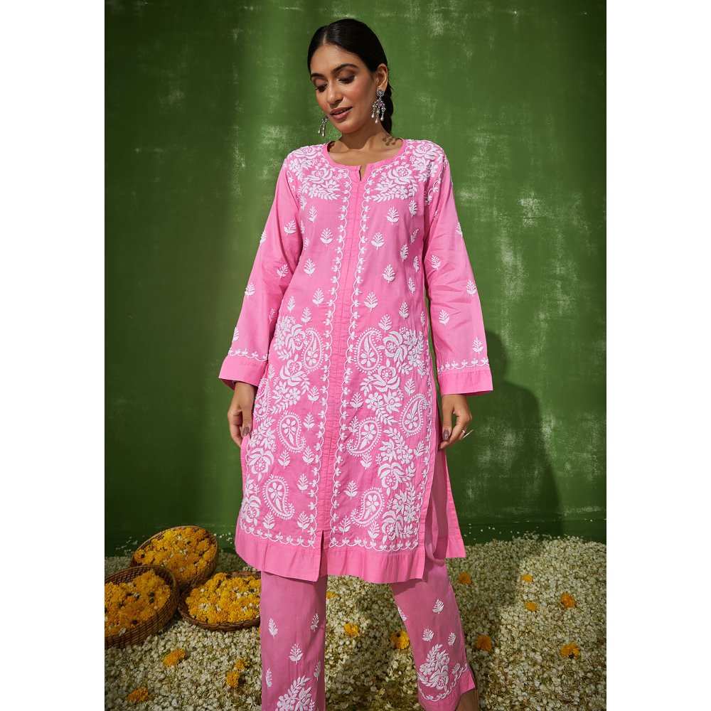 House of Chikankari Samreen Chikankari Cotton Straight Kurta Pink (Set of 2)