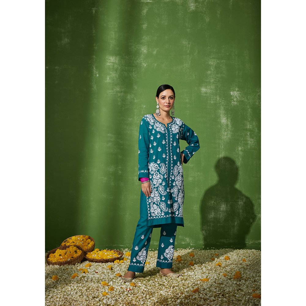 House of Chikankari Samreen Chikankari Cotton Straight Kurta Green (Set of 2)