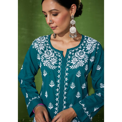 House of Chikankari Samreen Chikankari Cotton Straight Kurta Green (Set of 2)