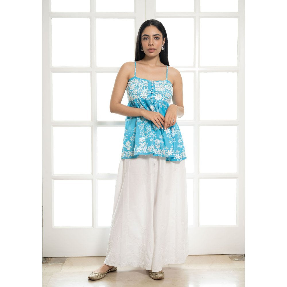House of Chikankari Zainab Chikankari Mulmul Short Sleeveless Kurta Blue