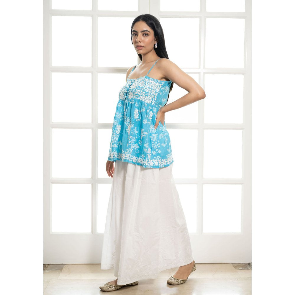 House of Chikankari Zainab Chikankari Mulmul Short Sleeveless Kurta Blue