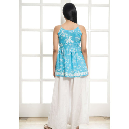 House of Chikankari Zainab Chikankari Mulmul Short Sleeveless Kurta Blue