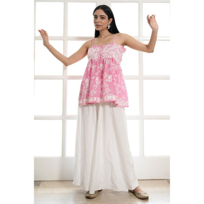 House of Chikankari Zainab Chikankari Mulmul Short Sleeveless Kurta Pink