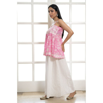 House of Chikankari Zainab Chikankari Mulmul Short Sleeveless Kurta Pink