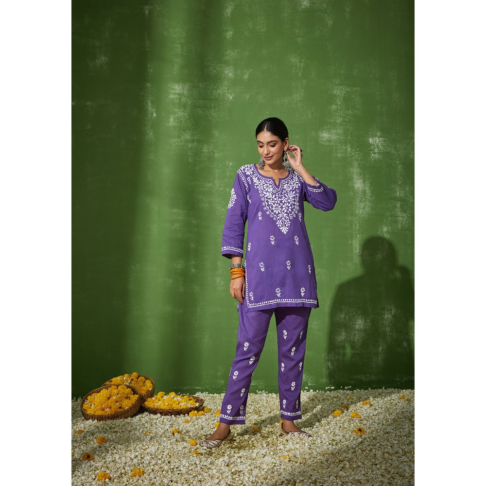House of Chikankari Nadira Chikankari Cotton Short Kurta with Pants (Set of 2)