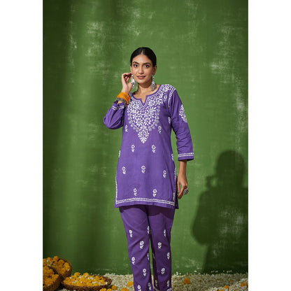 House of Chikankari Nadira Chikankari Cotton Short Kurta with Pants (Set of 2)