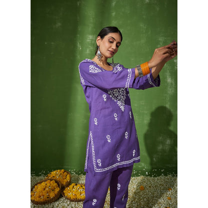 House of Chikankari Nadira Chikankari Cotton Short Kurta with Pants (Set of 2)