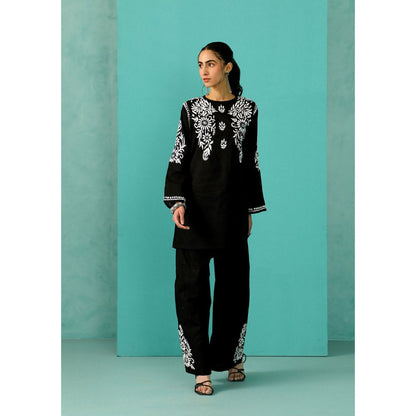 House of Chikankari Chandni Chikankari Cotton Straight Black Kurta With Pant (Set of 2)