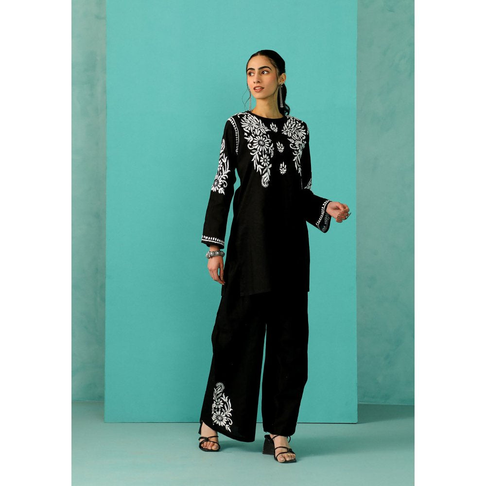 House of Chikankari Chandni Chikankari Cotton Straight Black Kurta With Pant (Set of 2)