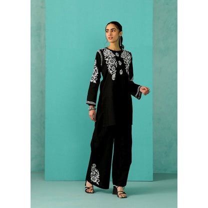 House of Chikankari Chandni Chikankari Cotton Straight Black Kurta With Pant (Set of 2)