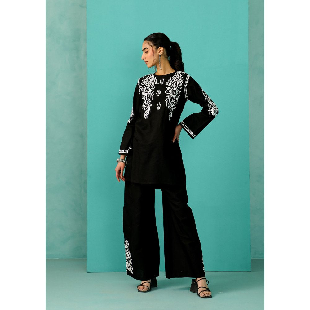 House of Chikankari Chandni Chikankari Cotton Straight Black Kurta With Pant (Set of 2)