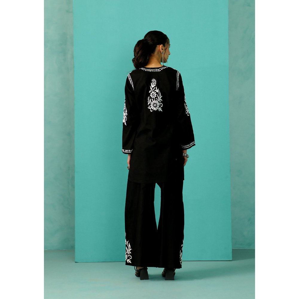 House of Chikankari Chandni Chikankari Cotton Straight Black Kurta With Pant (Set of 2)