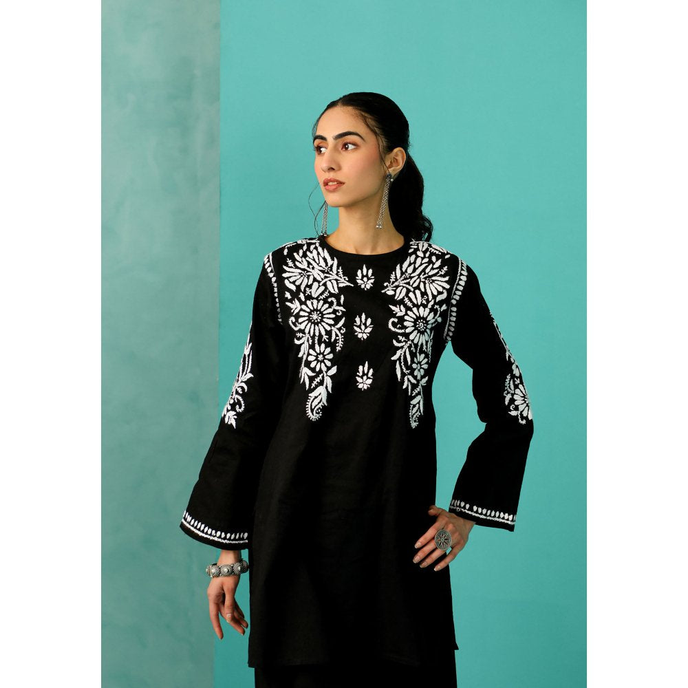 House of Chikankari Chandni Chikankari Cotton Straight Black Kurta With Pant (Set of 2)