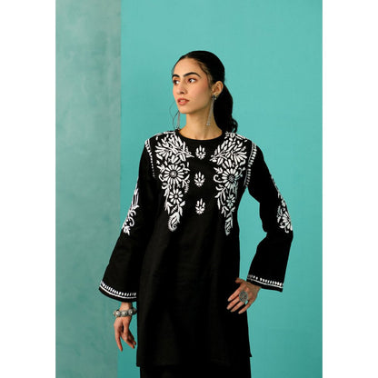 House of Chikankari Chandni Chikankari Cotton Straight Black Kurta With Pant (Set of 2)