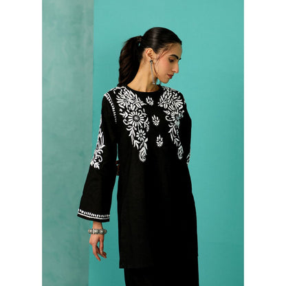 House of Chikankari Chandni Chikankari Cotton Straight Black Kurta With Pant (Set of 2)