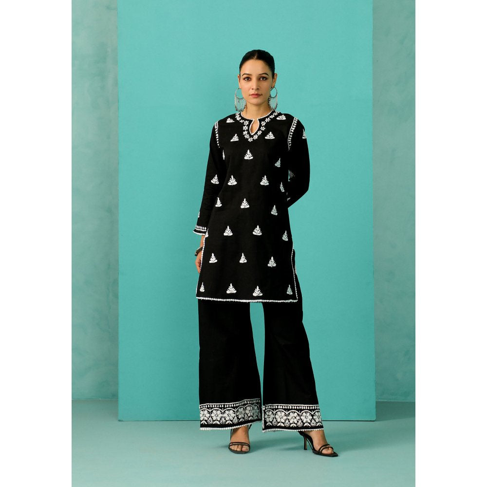 House of Chikankari Chandni Chikankari Cotton Straight Black Kurta With Palazzo (Set of 2)