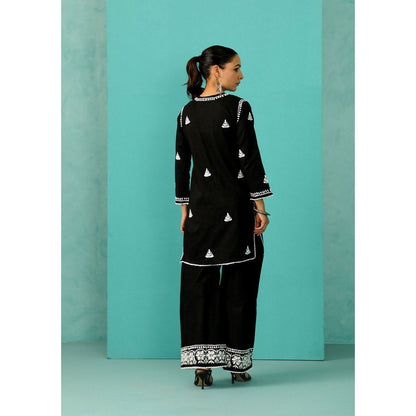 House of Chikankari Chandni Chikankari Cotton Straight Black Kurta With Palazzo (Set of 2)
