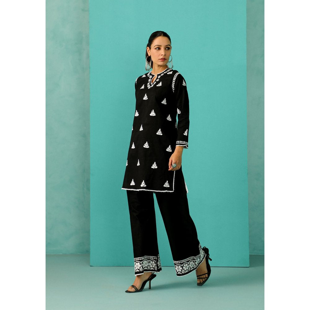 House of Chikankari Chandni Chikankari Cotton Straight Black Kurta With Palazzo (Set of 2)