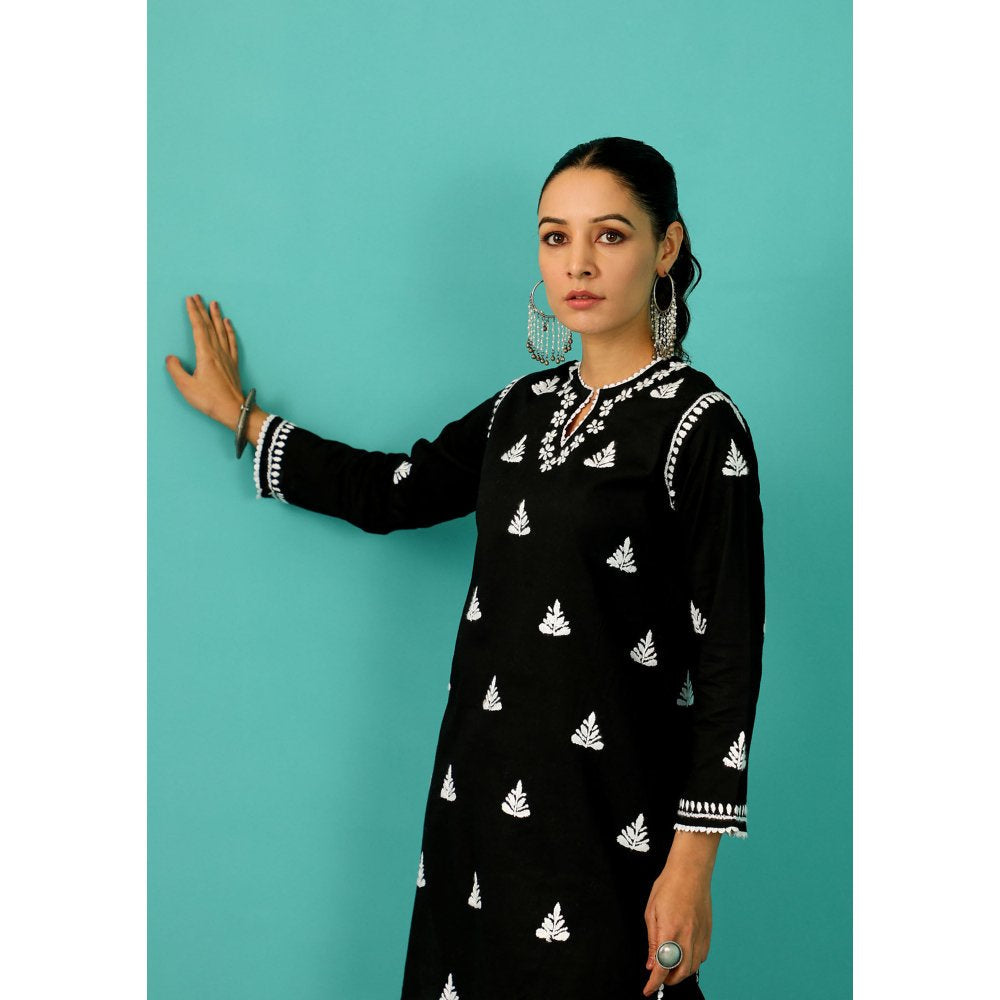 House of Chikankari Chandni Chikankari Cotton Straight Black Kurta With Palazzo (Set of 2)