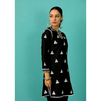 House of Chikankari Chandni Chikankari Cotton Straight Black Kurta With Palazzo (Set of 2)