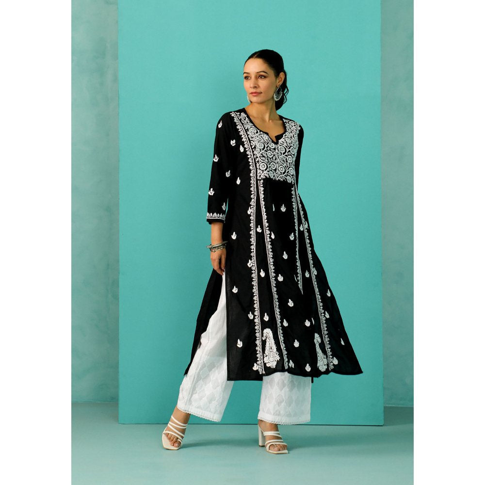 House of Chikankari Chandni Chikankari Cotton A-Line Black Kurta