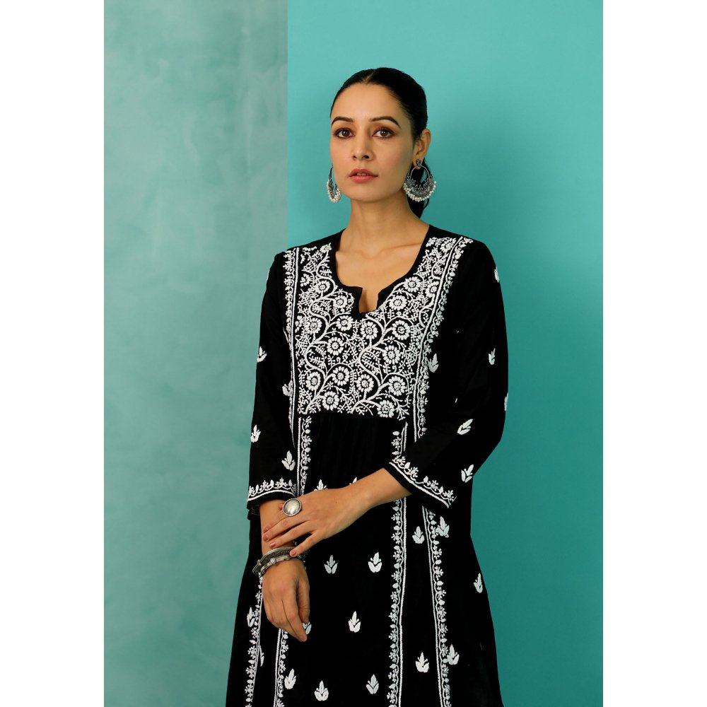 House of Chikankari Chandni Chikankari Cotton A-Line Black Kurta