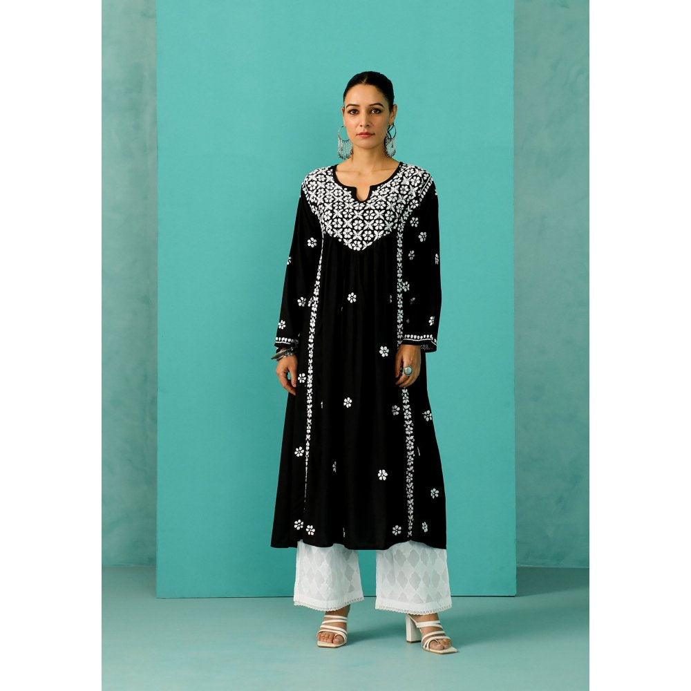 House of Chikankari Chandni Chikankari Rayon A-Line Black Kurta