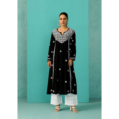 House of Chikankari Chandni Chikankari Rayon A-Line Black Kurta