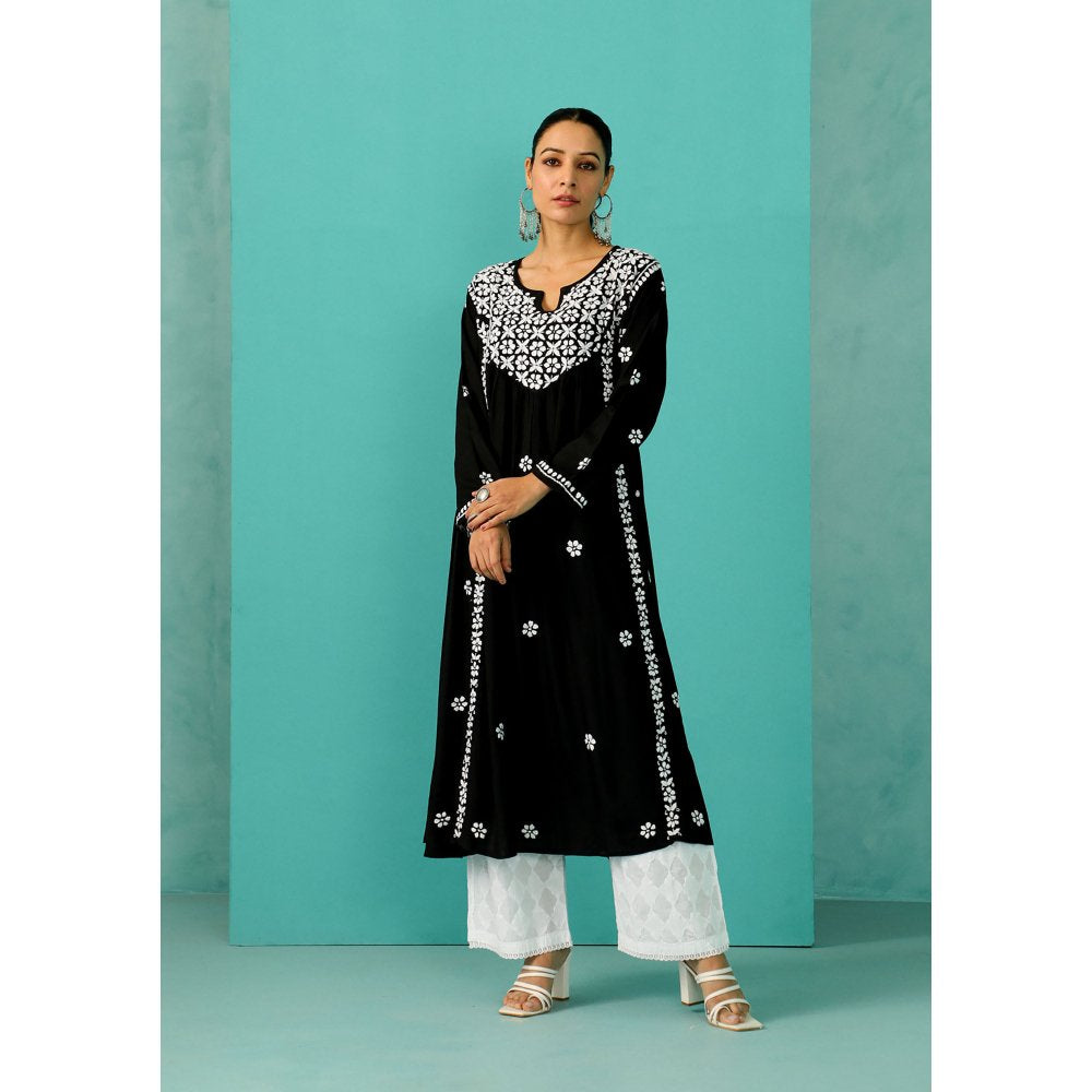 House of Chikankari Chandni Chikankari Rayon A-Line Black Kurta