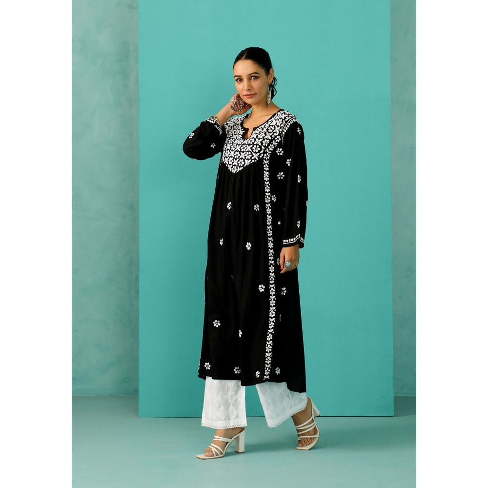 House of Chikankari Chandni Chikankari Rayon A-Line Black Kurta