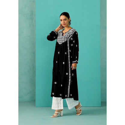 House of Chikankari Chandni Chikankari Rayon A-Line Black Kurta