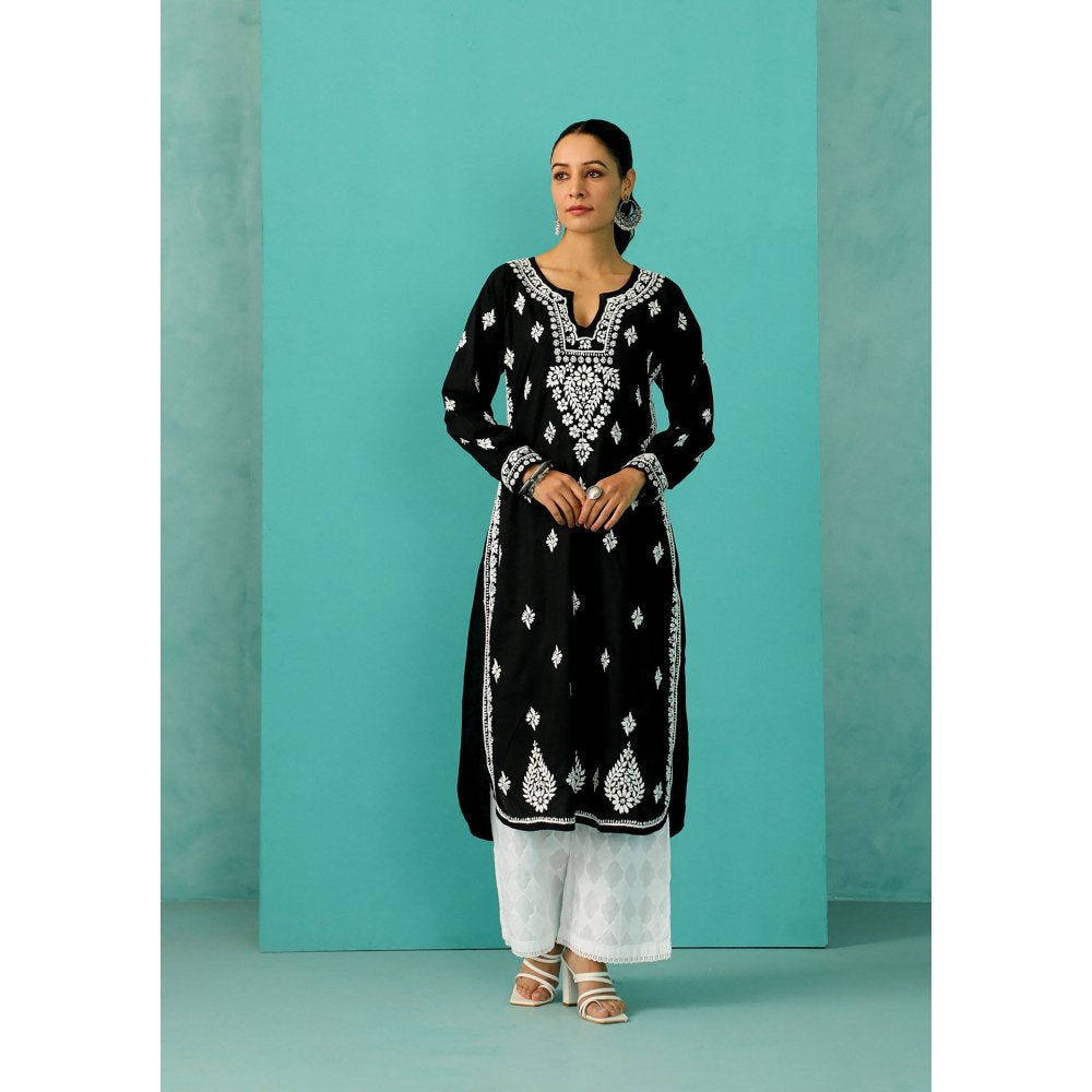 House of Chikankari Chandni Chikankari Mulmul Straight Black Kurta