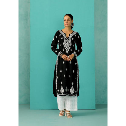 House of Chikankari Chandni Chikankari Mulmul Straight Black Kurta