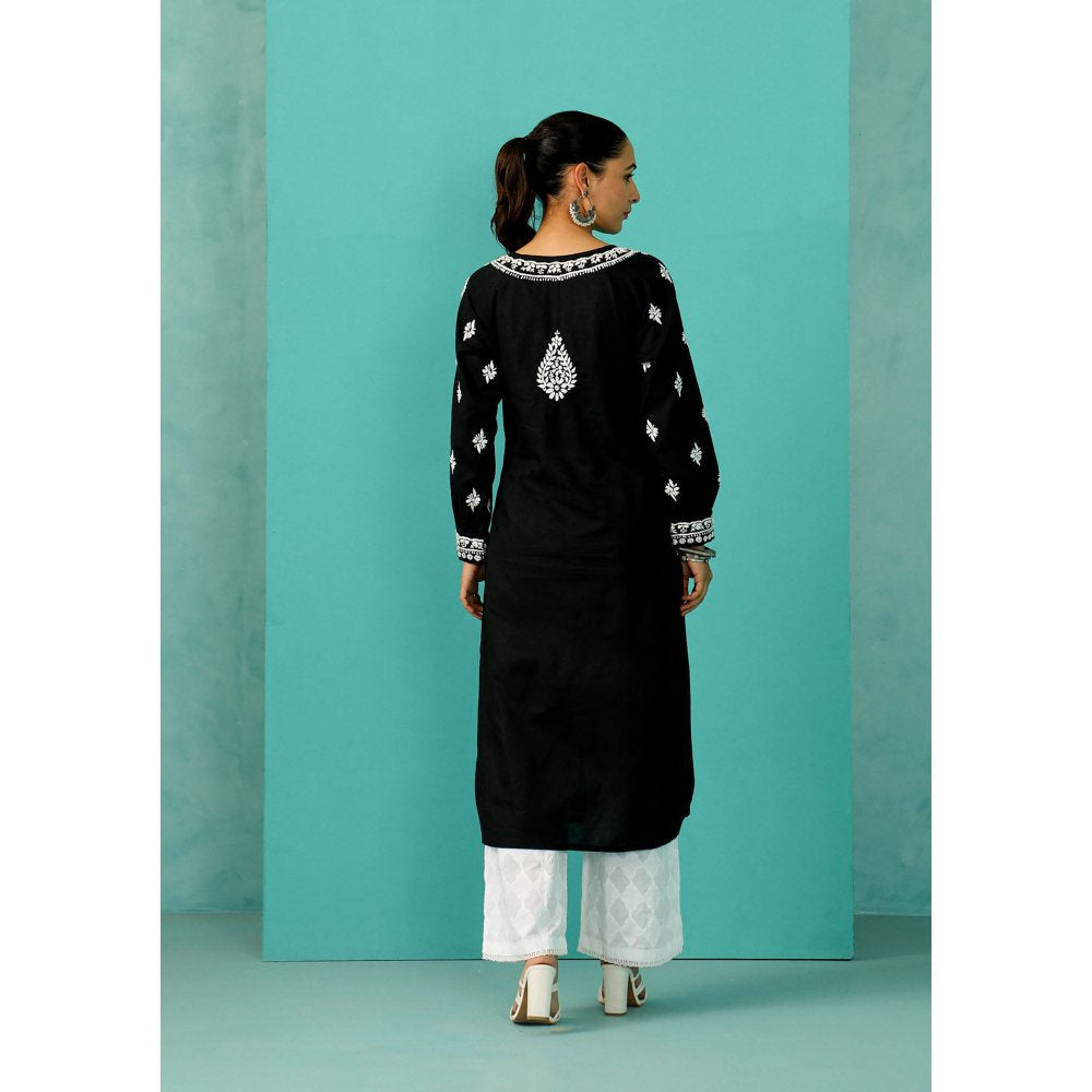 House of Chikankari Chandni Chikankari Mulmul Straight Black Kurta
