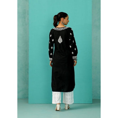 House of Chikankari Chandni Chikankari Mulmul Straight Black Kurta