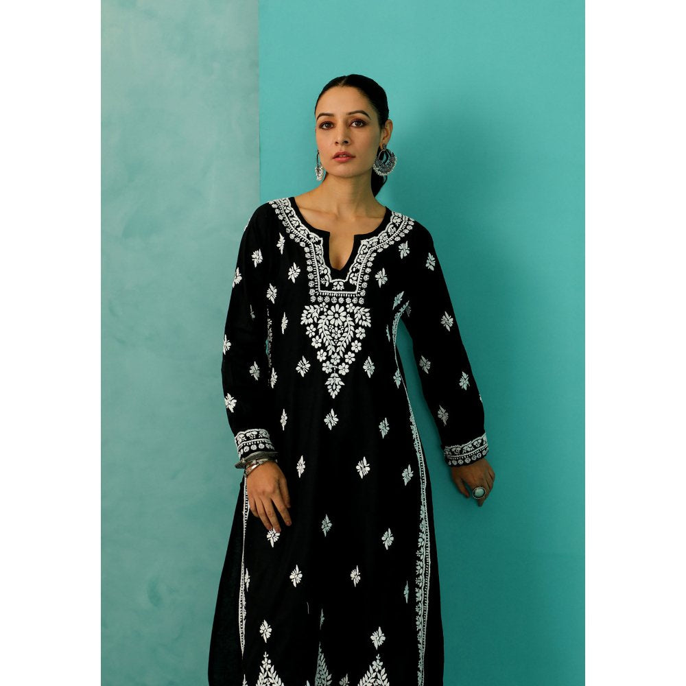 House of Chikankari Chandni Chikankari Mulmul Straight Black Kurta