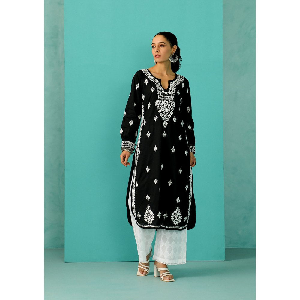 House of Chikankari Chandni Chikankari Mulmul Straight Black Kurta
