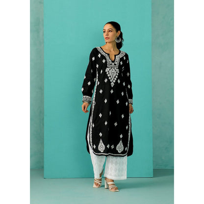 House of Chikankari Chandni Chikankari Mulmul Straight Black Kurta