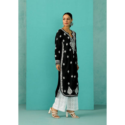 House of Chikankari Chandni Chikankari Mulmul Straight Black Kurta