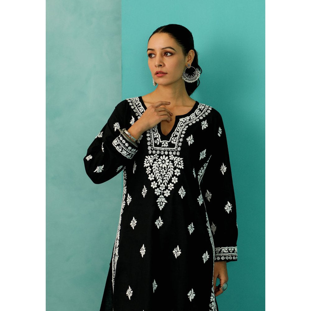House of Chikankari Chandni Chikankari Mulmul Straight Black Kurta