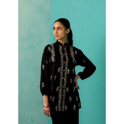 House of Chikankari Chandni Chikankari Mulmul Straight Black Shirt