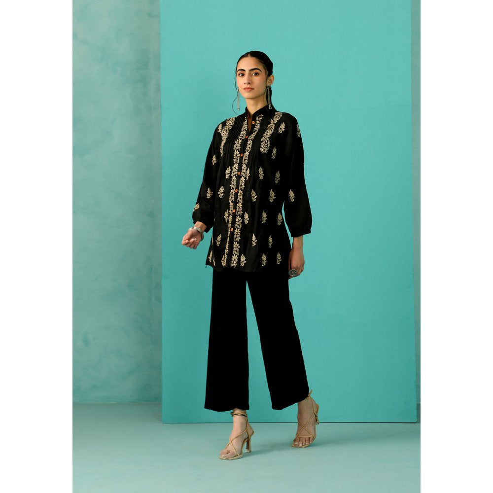 House of Chikankari Chandni Chikankari Mulmul Straight Black Shirt